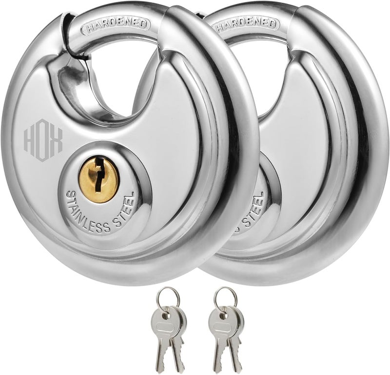 HOX Keyed Disc Padlock, Stainless Steel Keyed-Alike Padlocks, 2-Pack Heavy Duty Locks, Waterproof Outdoors Lock with 3/8 Inch Shackle, 2-3/4 Inch Wide Body, for Hasp Latch, Fences, Storage Locker - Image 1